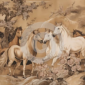 BALLAD UNICORN HORSES FLORAL GRADEN CHINOISERIE STYLE WALL ART