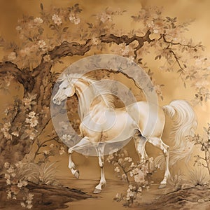 BALLAD UNICORN HORSES FLORAL GRADEN CHINOISERIE STYLE WALL ART