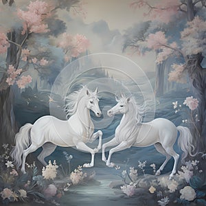 BALLAD UNICORN HORSES FLORAL GRADEN CHINOISERIE STYLE WALL ART