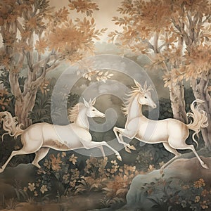 BALLAD UNICORN HORSES FLORAL GRADEN CHINOISERIE STYLE WALL ART