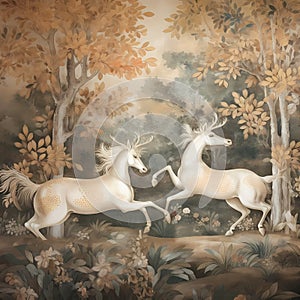 BALLAD UNICORN HORSES FLORAL GRADEN CHINOISERIE STYLE WALL ART