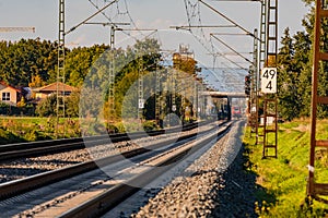 Ballast bed on a railway track on a railway track in a rural area, Germany