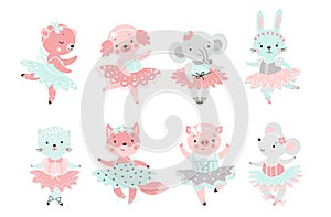 Ballerina animal. Elephant and mouse ballet dancer, fairy bunny and fox in tutu. Cute dance characters for baby clipart