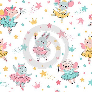 Ballerina animal seamless pattern. Hand drawn baby bunny, unicorn, mouse in ballet tutu. Girls birthday, baby shower, t