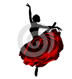 Ballerina Black Silhouette. Ballet Dancer jumping in Tutu Skirt as Red Rose. Woman Dancing in Creative Fantasy Art Dress as Flower