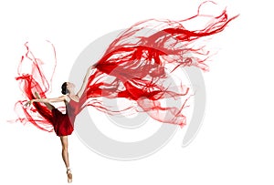 Ballerina Dance. Woman dancing Red Fabric. Graceful Ballet Dancer jumping in Air. Red Cloth flying waving on Wind. Isolated White