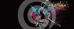 Ballerina or dancer dancing on a dark background. Colorful paint splash. A woman in a dynamic jump. Sports, ballet.