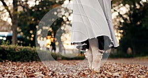 Ballerina, dancer and pointe in nature or feet closeup for talent performance, professional or Japanese garden. Legs