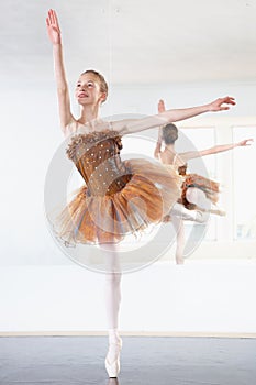 Ballerina, dancing and ballet dancer studio with training, exercise and performance workout. Tutu, balance and pointe