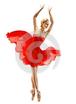 Ballerina dancing in Red Tutu Dress over White. Ballet Dancer Silhouette in Flying Chiffon Skirt over White Studio Background