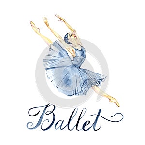 Ballerina dancing watercolor painting isolated on white background greeting card