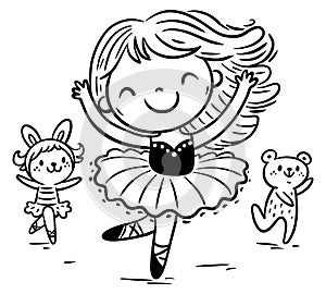 Ballerina girl. Cartoon little girl in tutu dress dances with toys. Child ballet dancer. Kids activities outline clipart photo