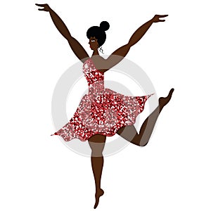 Ballerina. Girl in a coral dress with sequins. African American lady dancing. Vector illustration. Graceful performer. Isolated.