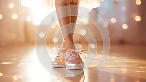 Ballerina legs in pink dance shoes and tutu. Light festive background. Copy space. Generative AI