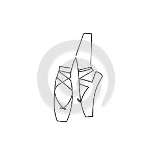 Ballerina legs in pointe shoes continuous line drawing. Ballet shoes with ribbons.Stock vector illustration isolated on