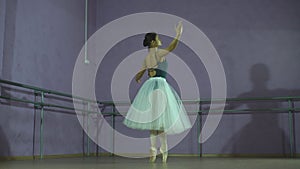 Ballerina making a jump in a dance hall. She is wearing the leotard with white tutu