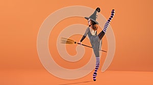 Ballerina on pointe shoes in a black witch costume in a hat and with a broom is dancing on the roof on a Orange background