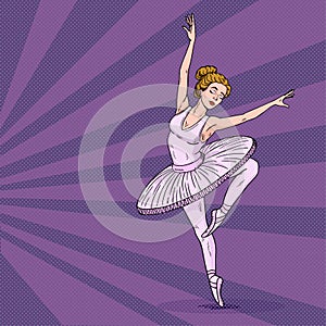 Ballerina pop art. Ballet studio poster design template. The woman in a ballet tutu turns on one leg. Purple colors and