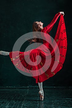 Ballerina posing in pointe shoes at black wooden pavilion