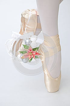 Ballerina`s leg with whreath on white background