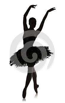 Ballerina silhouette making ballet position pirouette against white background, isolated