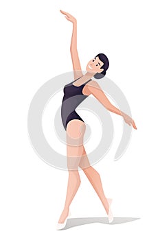 Ballerina standing in pose. Young woman in ballet school class vector illustration. Beautiful happy girl training or