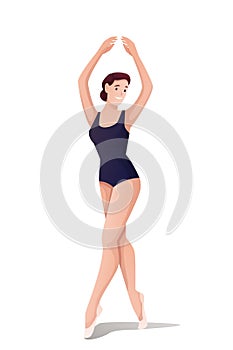 Ballerina standing in pose. Young woman in ballet school class vector illustration. Beautiful happy girl training or