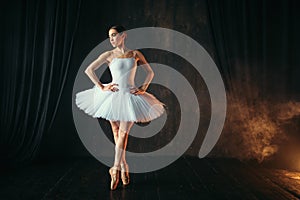 Ballerina in white dress and pointe shoes dancing