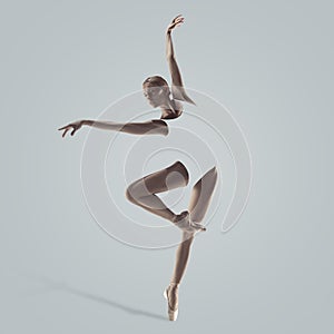 Ballerina. Young graceful female ballet dancer dancing over grey studio. Beauty of classic ballet.