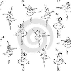 Ballerinas dancing girls line art coloring page seamless pattern