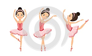 Ballerinas are dancing set. Cute girls kids dancers in pink tutu dress and pointe dance.