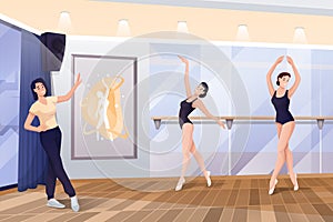 Ballerinas dancing with trainer in studio at class. Ballet school interior design vector illustration. Beautiful women