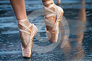 ballerinas feet in pointe shoes closeup