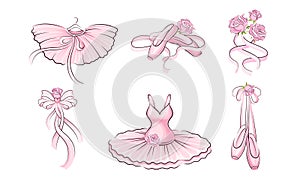 Ballet Accessories with Tutu Skirt and Pair of Pointe-shoes Vector Set photo