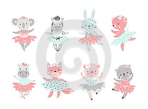 Ballet animal. Bear in tutu, baby rabbit ballerina. Cute fairy dance animals. Girls coala, fox and kitty dancing