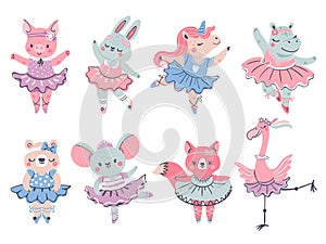 Ballet animals. Bunny, fox and unicorn ballerina in scandinavian style. Pig, bear, hippo and flamingo dance in tutu. Girl fashion