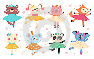 Ballet animals. Cute ballerinas characters. Funny dancers in delicate airy dresses. Cartoon bunny and kitten. Pig girls