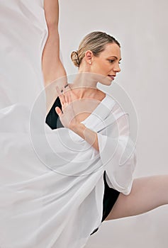 Ballet art, classic dance and woman training posture technique for professional performance routine. Elegant, strong and