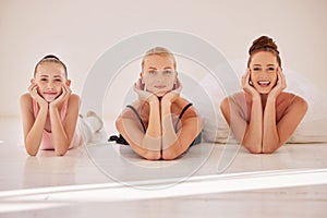 Ballet, beauty and dance with a ballerina, dancer and performance artist lying on the floor of a dancing studio