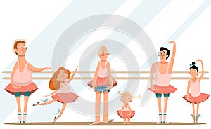 Ballet class/Fun with Dad/Cute little daughters and their young dads in skirts are dancing in ballet studio and smiling photo