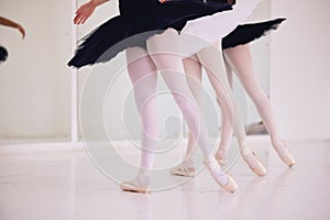 Ballet dance, dancing or performing girls during practice rehearsal in studio with low angle legs sequence. Group of