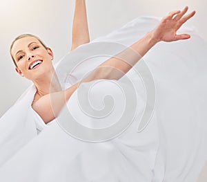 Ballet dance and portrait of woman in fitness studio movement with elegant white dress fabric. Happy, excited and