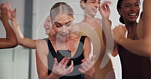 Ballet, dance and smartphone or woman in studio, excited and notification surprise for professional dancer school