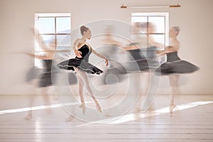Ballet, dance student and movement of dancing woman in practice, training and performance in studio with CGI special