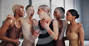 Ballet, dancer and smartphone or woman in studio, excited and notification surprise for professional dance school