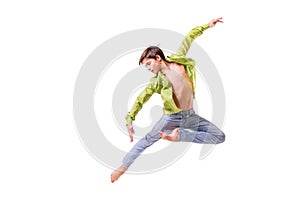 Ballet dancer teen boy jumping on white background, isolate