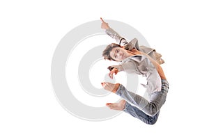 Ballet dancer teen boy jumping on white background, isolate