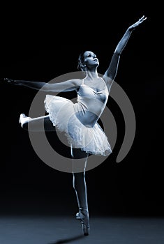 Ballet dancer in white tutu posing on one leg