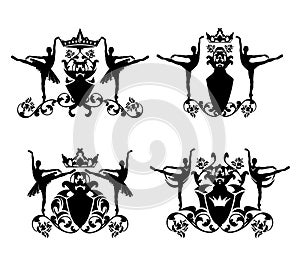 Ballet dancers with royal crowns and rose flowers black and white vector heraldic emblem