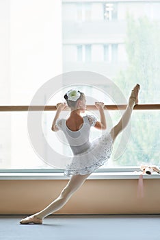 Ballet girl doing exercises at ballet barre.